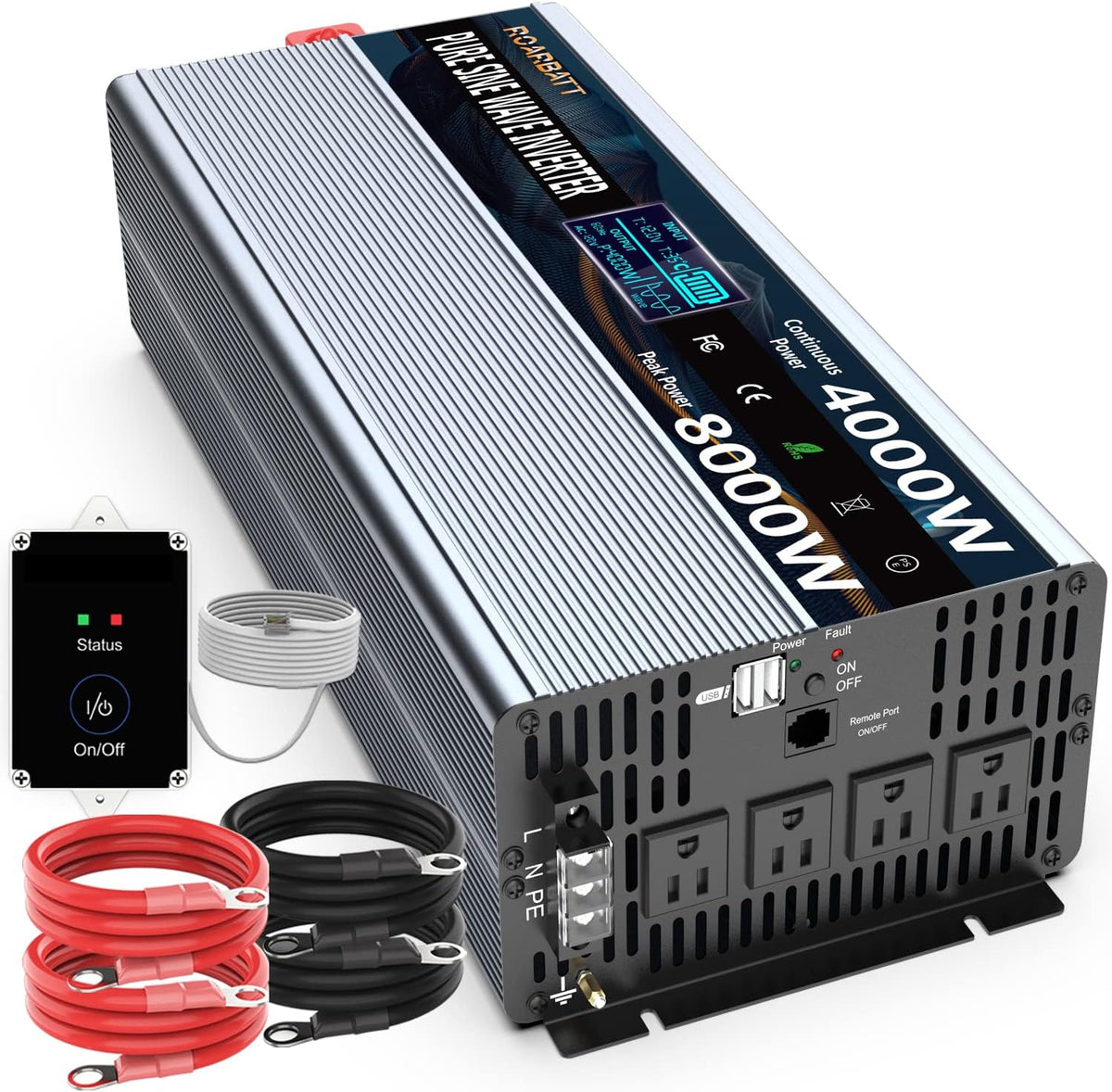 4000Watt 12V DC to AC 110V Power Inverter with Remote Control 4 AC Outlets and Dual USB Port G4848