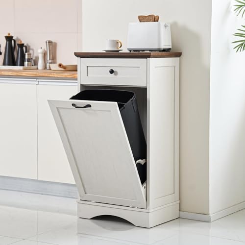 White 13 Gallons Wood Trash Cabinet with Hideaway Drawer S5343