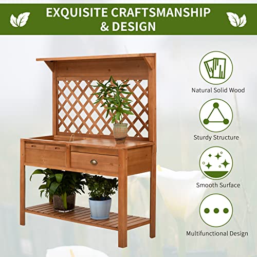 Outsunny Garden Potting Bench, Outdoor Wooden Workstation Table with Metal Screen, Drawer, Hooks, Storage Shelf, and Lattice Back L4437