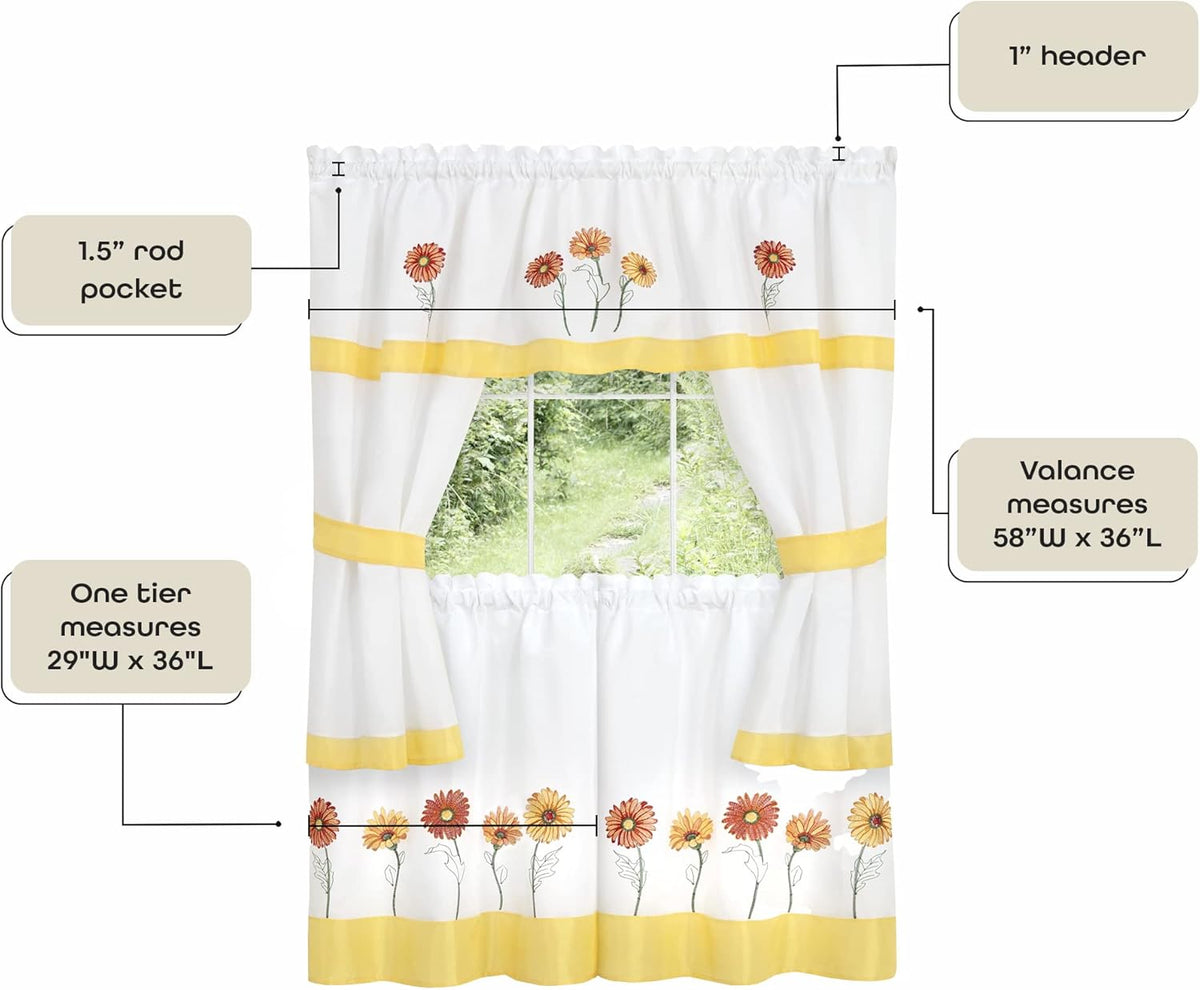 Embellished Cottage Window Curtain Set - 58 Inch Width, 36 Inch Length - Light Filtering Drapes X23446