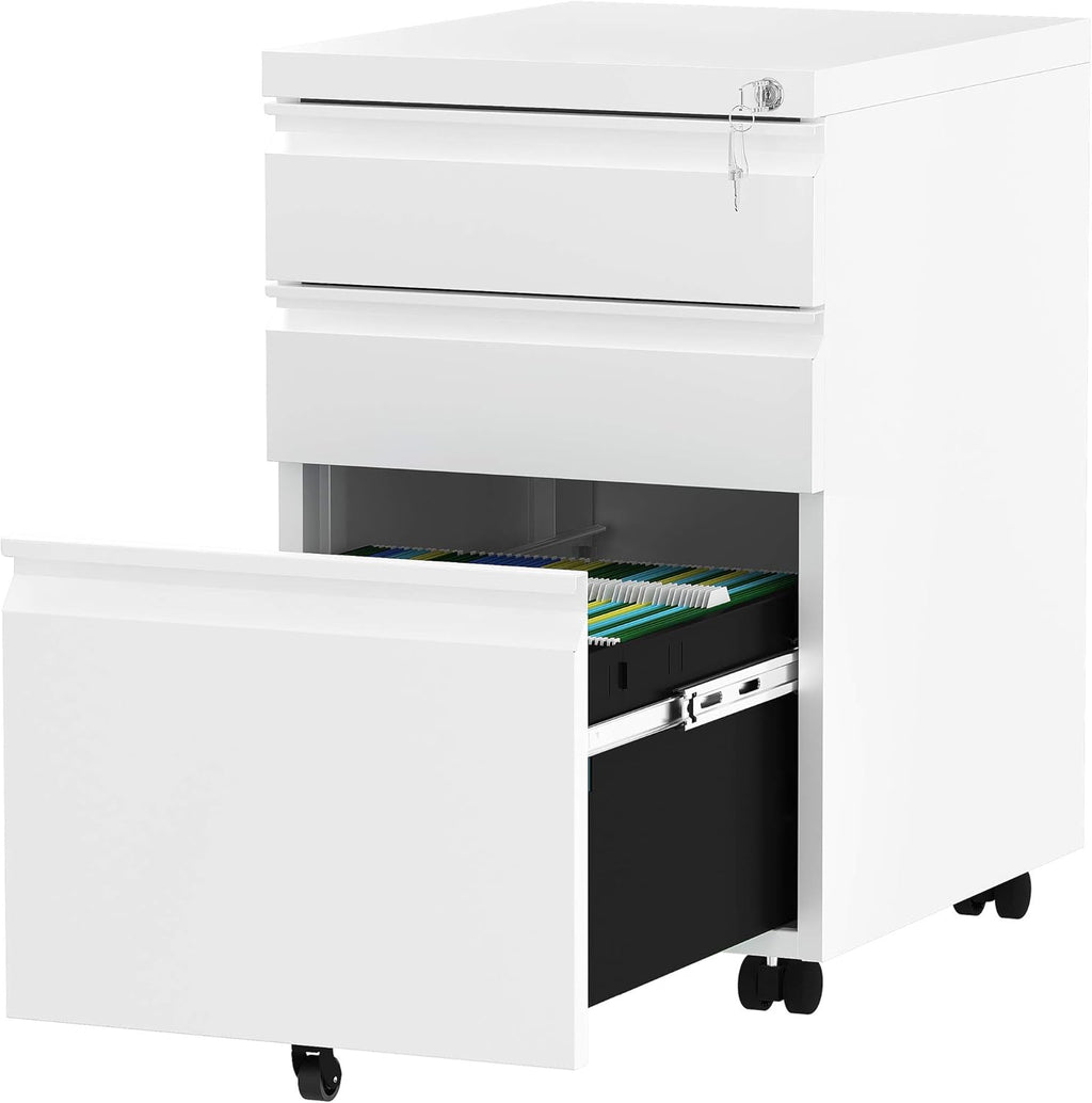 White 3-Drawer Mobile Metal File Cabinet with Lock F454