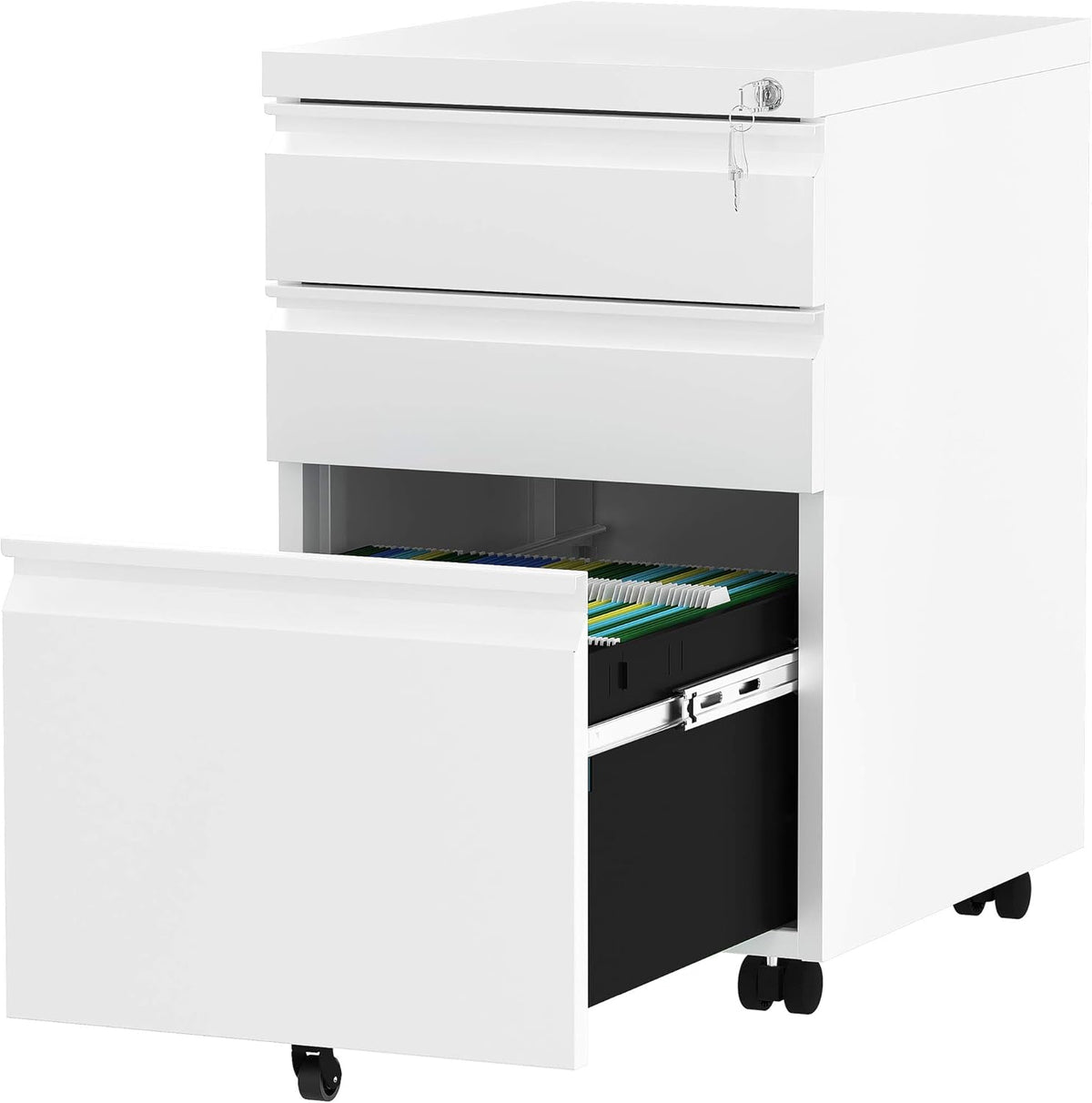 White 3-Drawer Mobile Metal File Cabinet with Lock F454