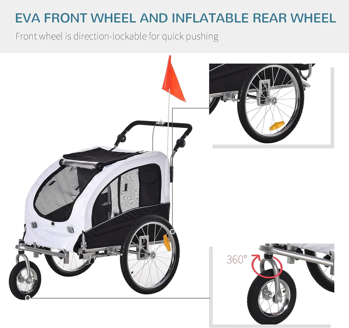 White Dog Bike Trailer Pet Stroller With Canopy And Storage Pockets B154542