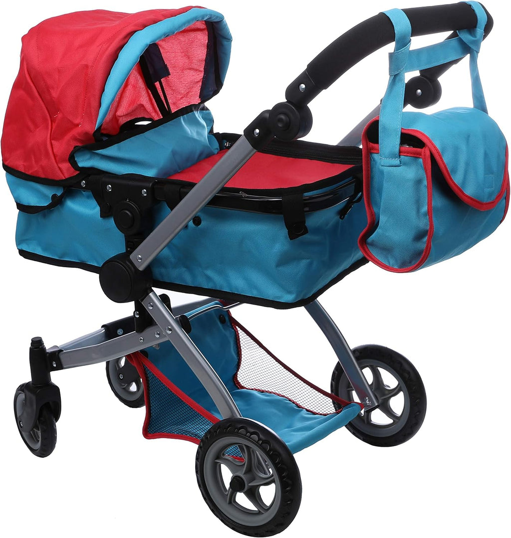Red and Blue Deluxe Doll Pram with Swiveling Wheels and Adjustable Handle M444