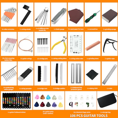 106 Pcs Guitar Tool Kit with Capo Strings Picks Bridge Pins Gauge M698963