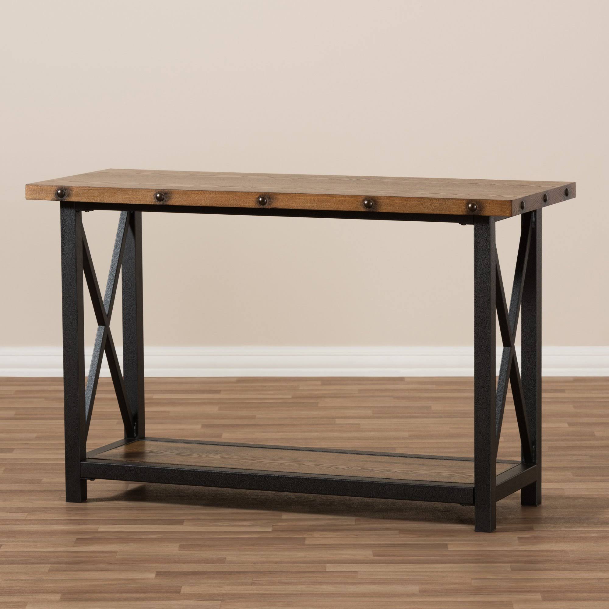 Antique Black Textured Metal Distressed Wood Console Table Y16925