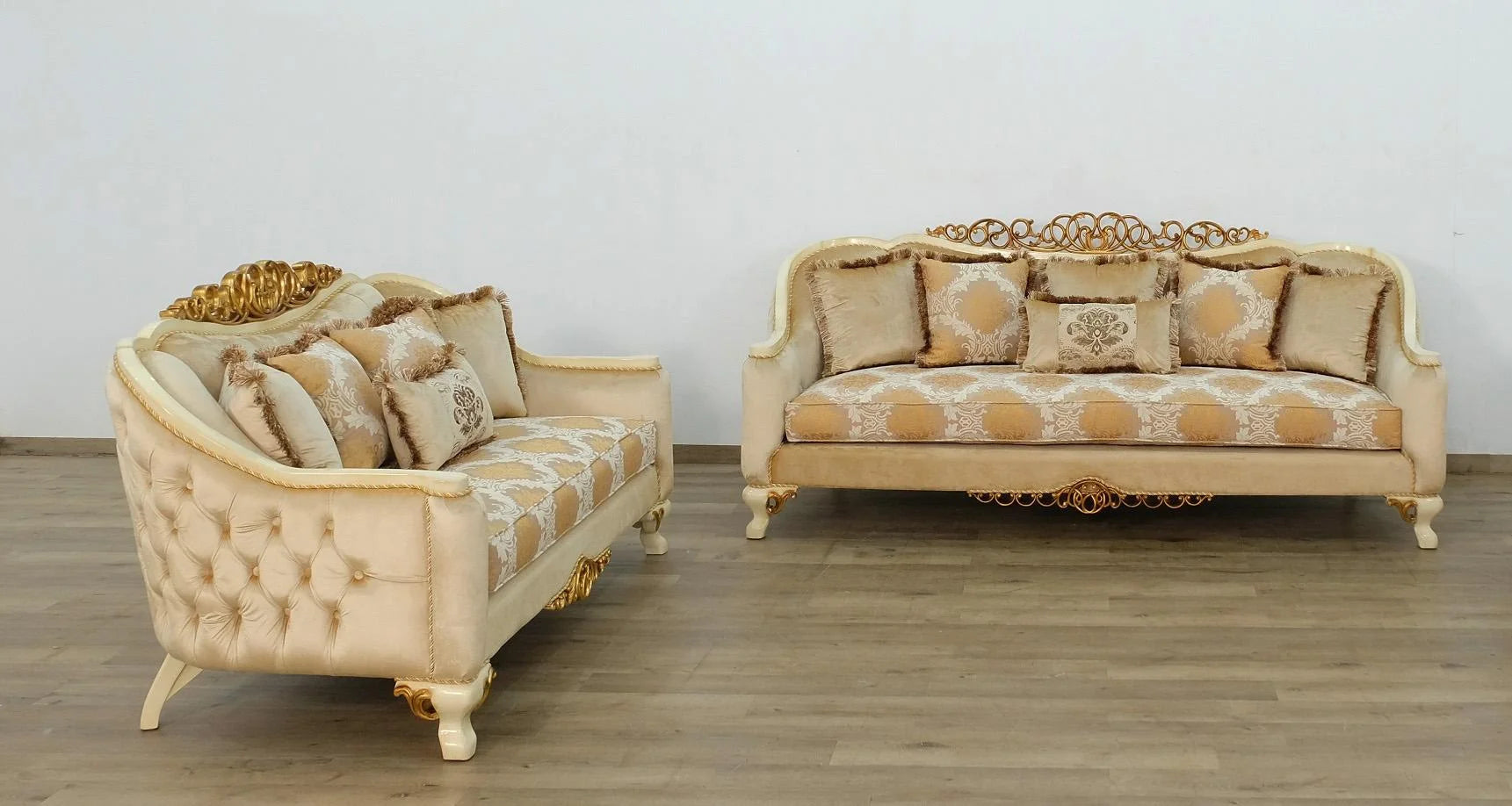 Beige Antique Dark Gold Wood Trim Sofa Set L3575