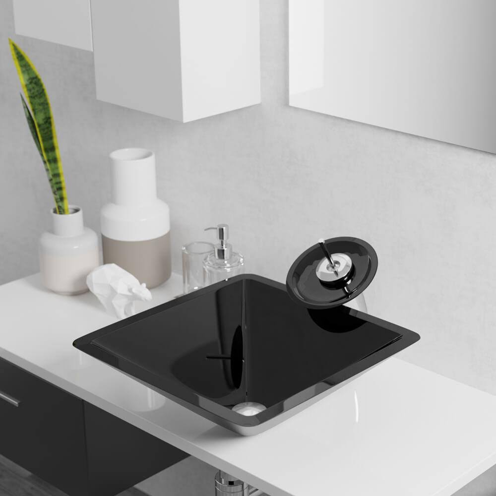 16-1/2x22 Glass Vessel Bathroom Sink with Vessel Faucet Noir Dark K574558