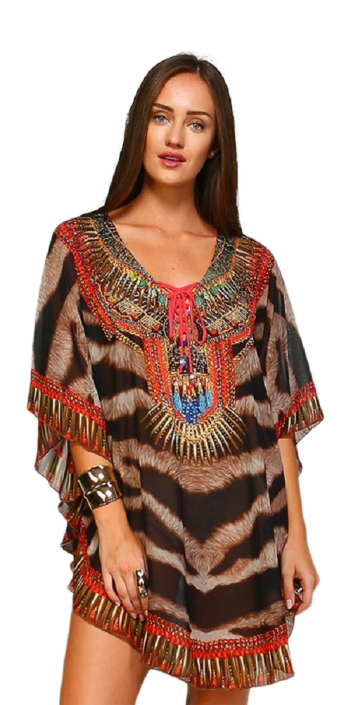 Animal Printed Lace up Kaftan F10135