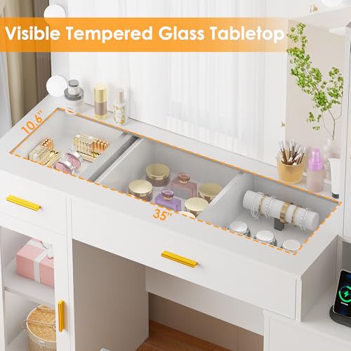 White Large Vanity Desk with Mirror and Lights, Glass Top, Stool, Power Outlet, Drawers, Cabinet W240400