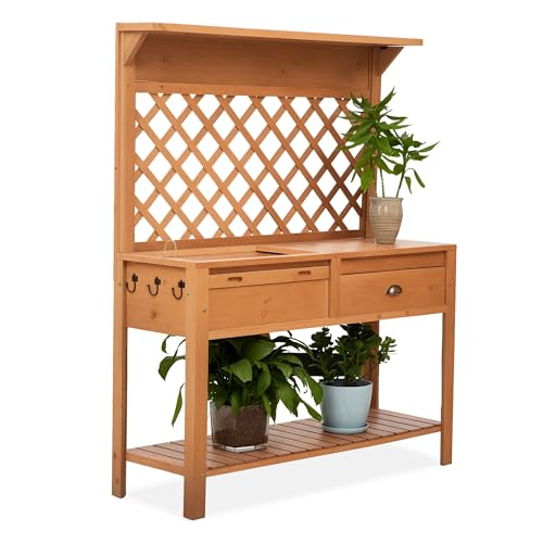 Outsunny Garden Potting Bench, Outdoor Wooden Workstation Table with Metal Screen, Drawer, Hooks, Storage Shelf, and Lattice Back L4437