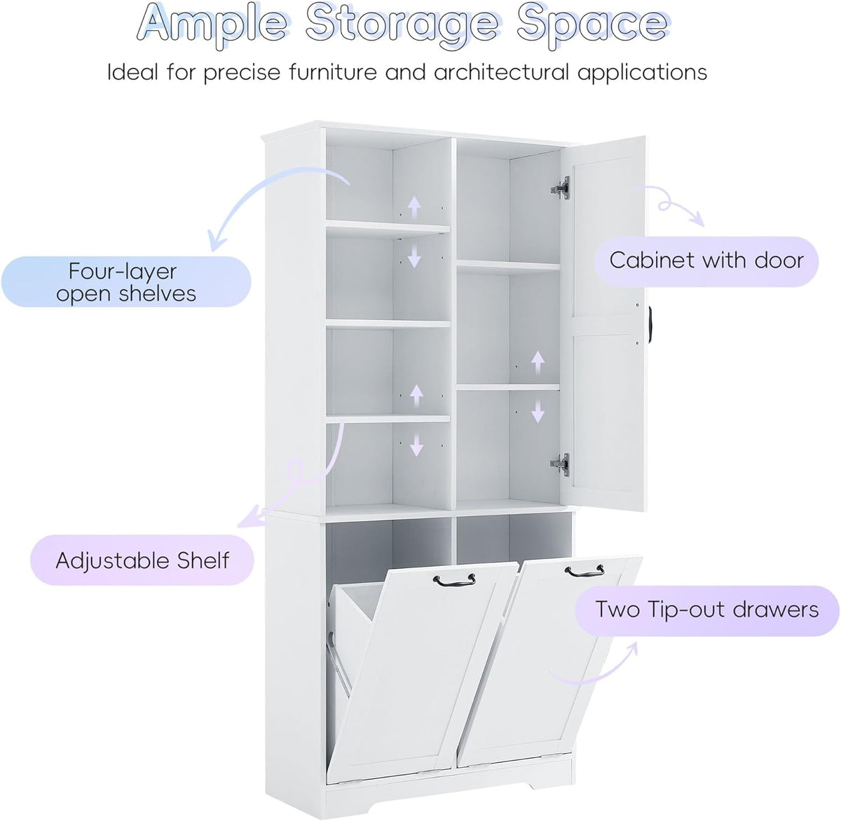 White Tall Bathroom Storage Cabinet with Laundry Hamper L26077