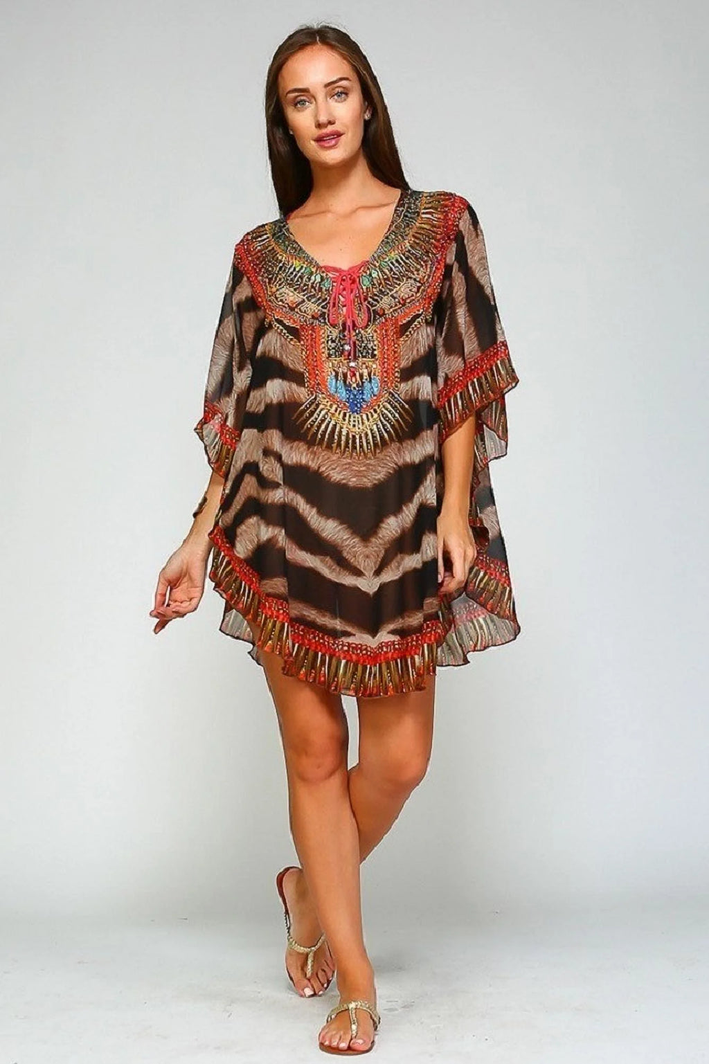 Animal Printed Lace up Kaftan F10135