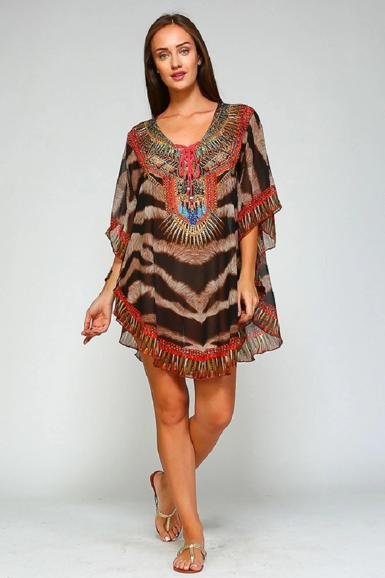 Animal Printed Lace up Kaftan F10135