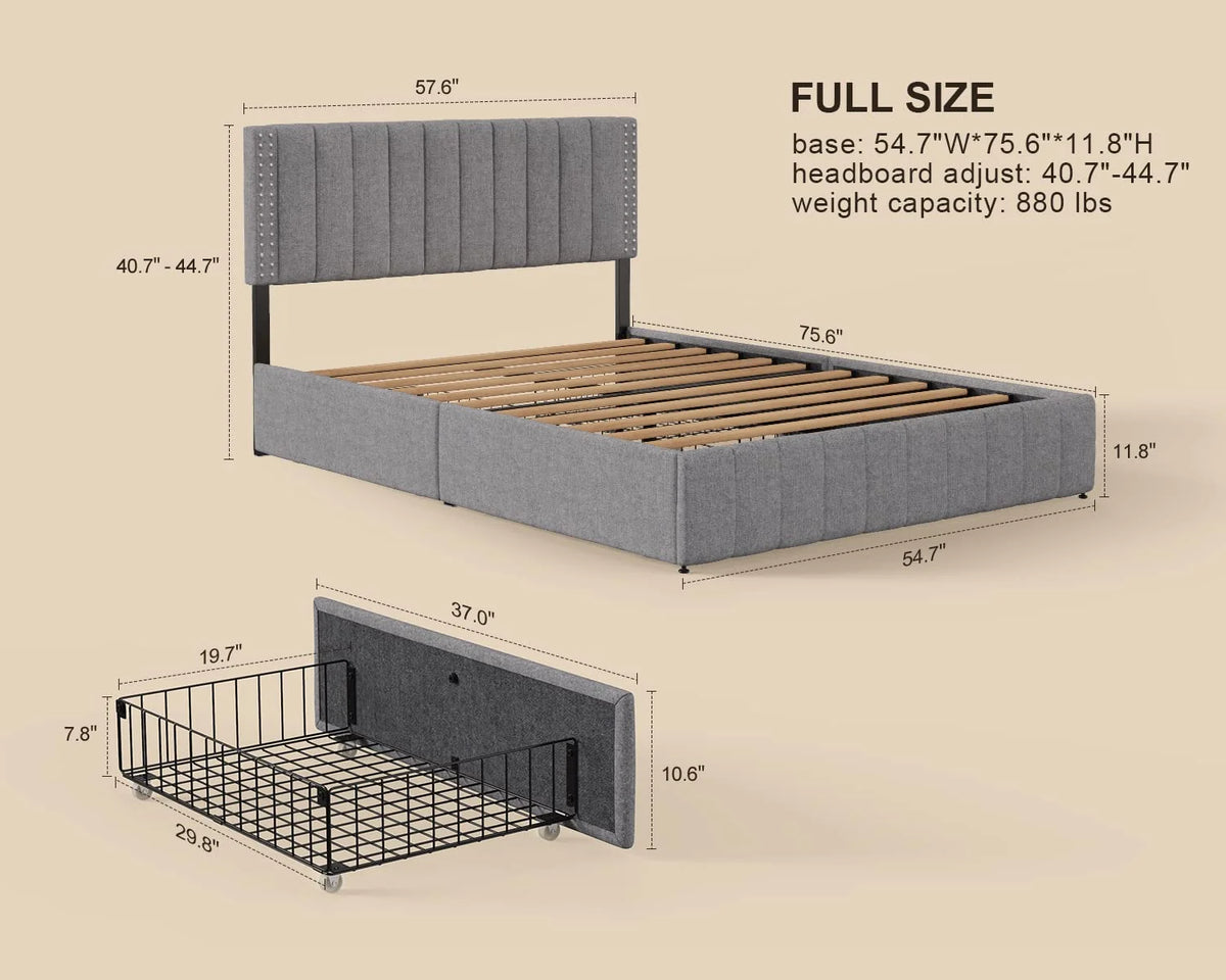 Light Grey Full Size Bed Frame with Storage Drawers L5521