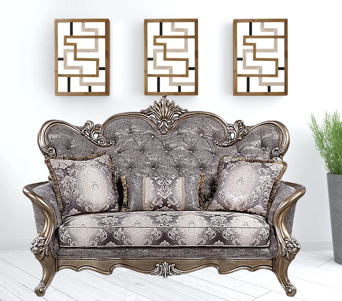 Grey Cotton Blend Love Seat Sofa with Toss Pillows M58258
