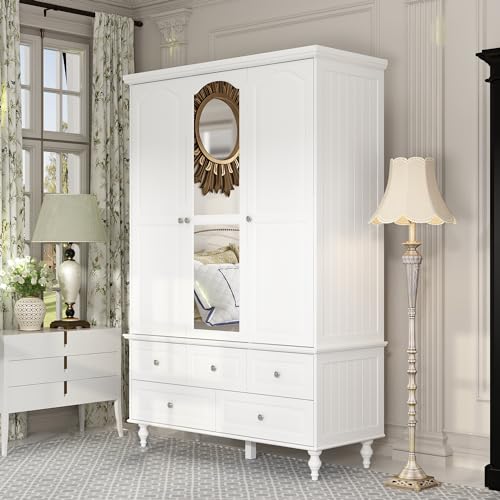 White 3 Door Wardrobe with Mirror and 5 Drawers A6113