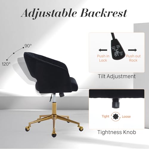 Black Corduroy Height Adjustable Swivel Desk Chair with Gold Base I29293