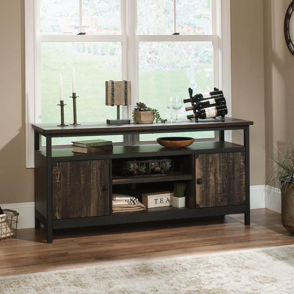 Rustic Metal & Wood TV Stand with Doors, Carbon Oak Finish C6064