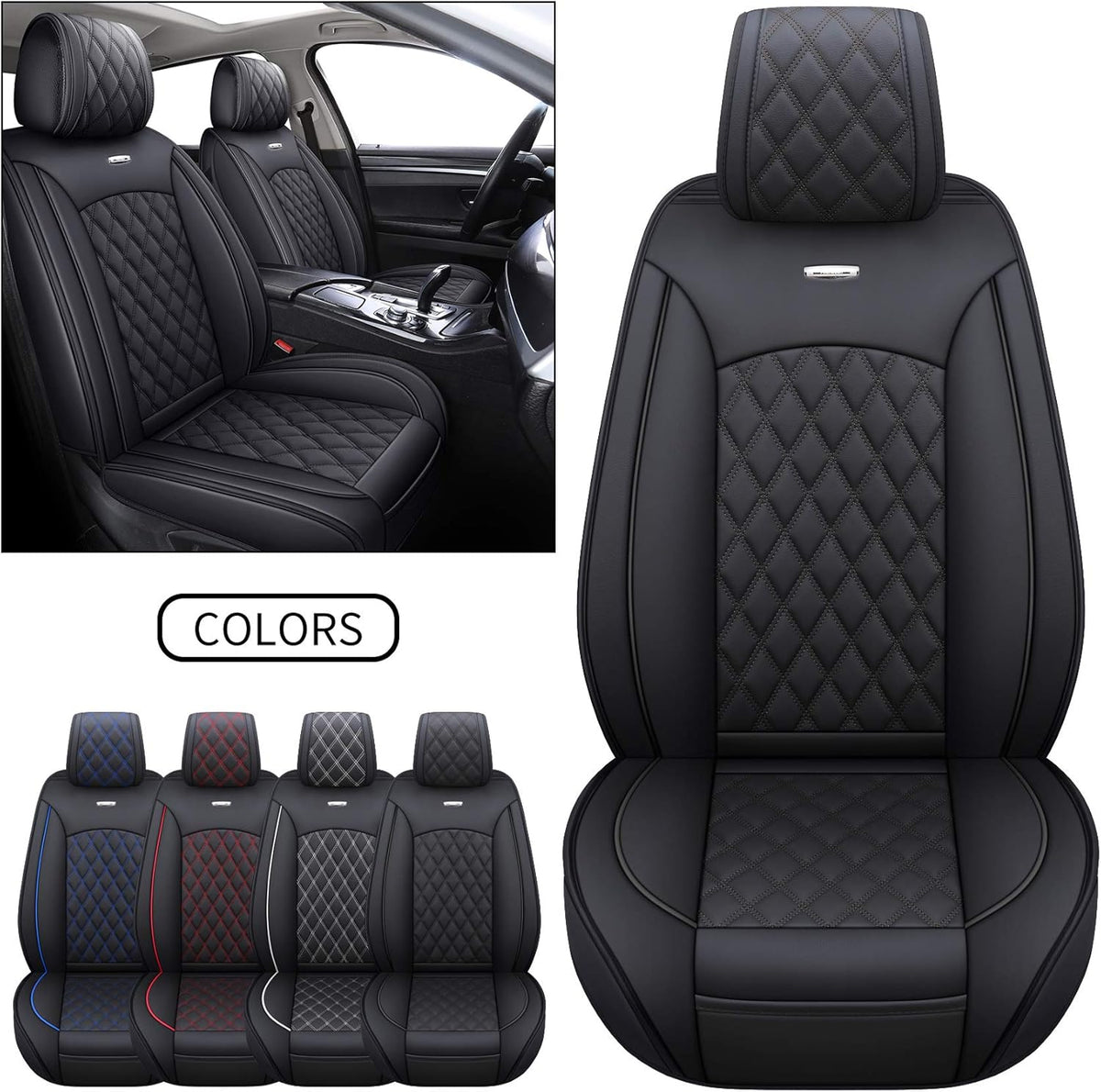 Black-White Waterproof Leather Car Seat Covers Full Set Y894