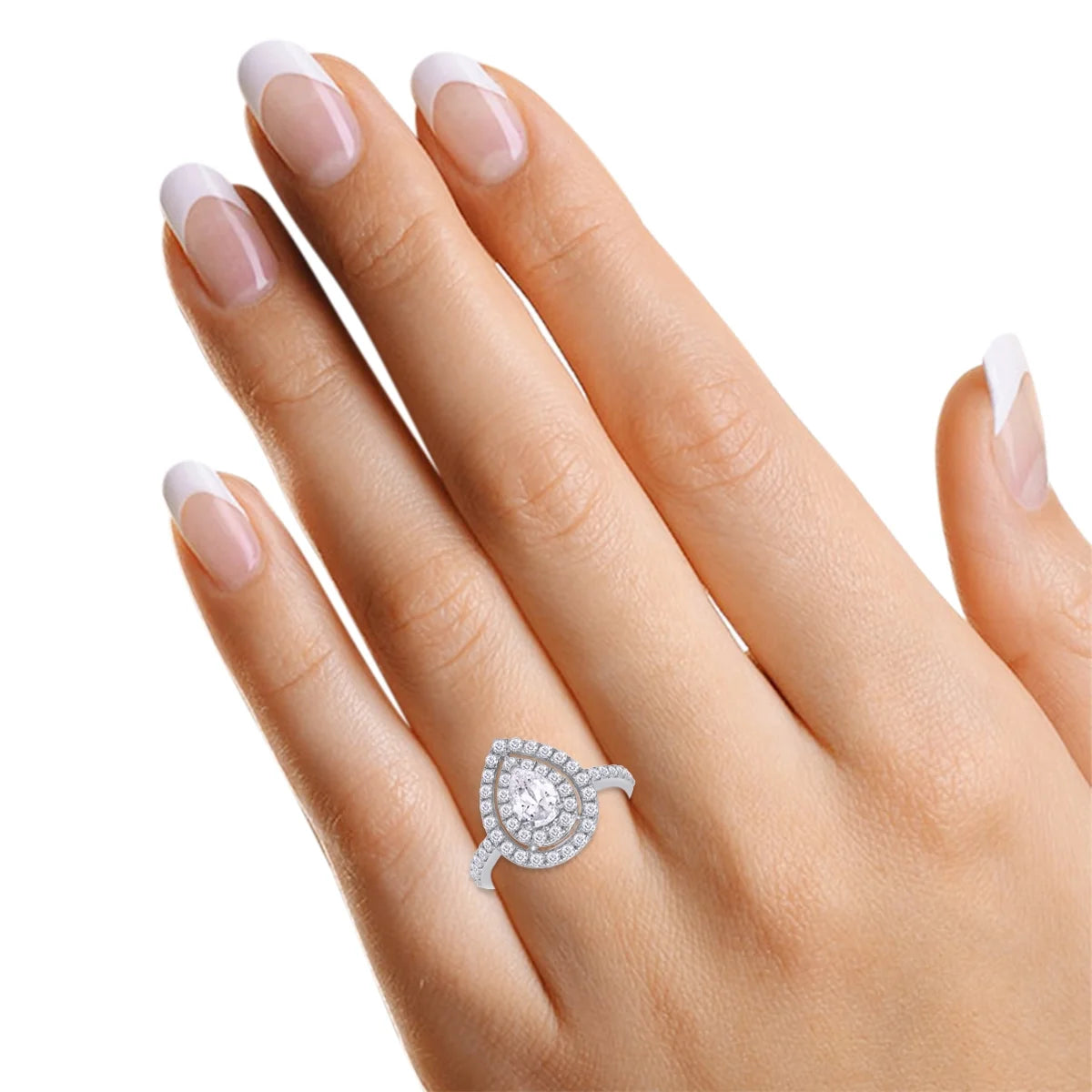 Pear Shaped Double Halo Moissanite Engagement Ring in 18K White Gold Plated 925 Sterling Silver X440760