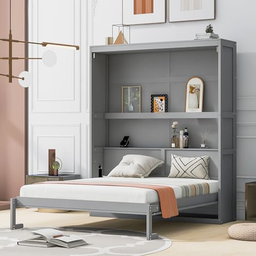 Gray Queen Murphy Bed Frame with Storage Shelves F370