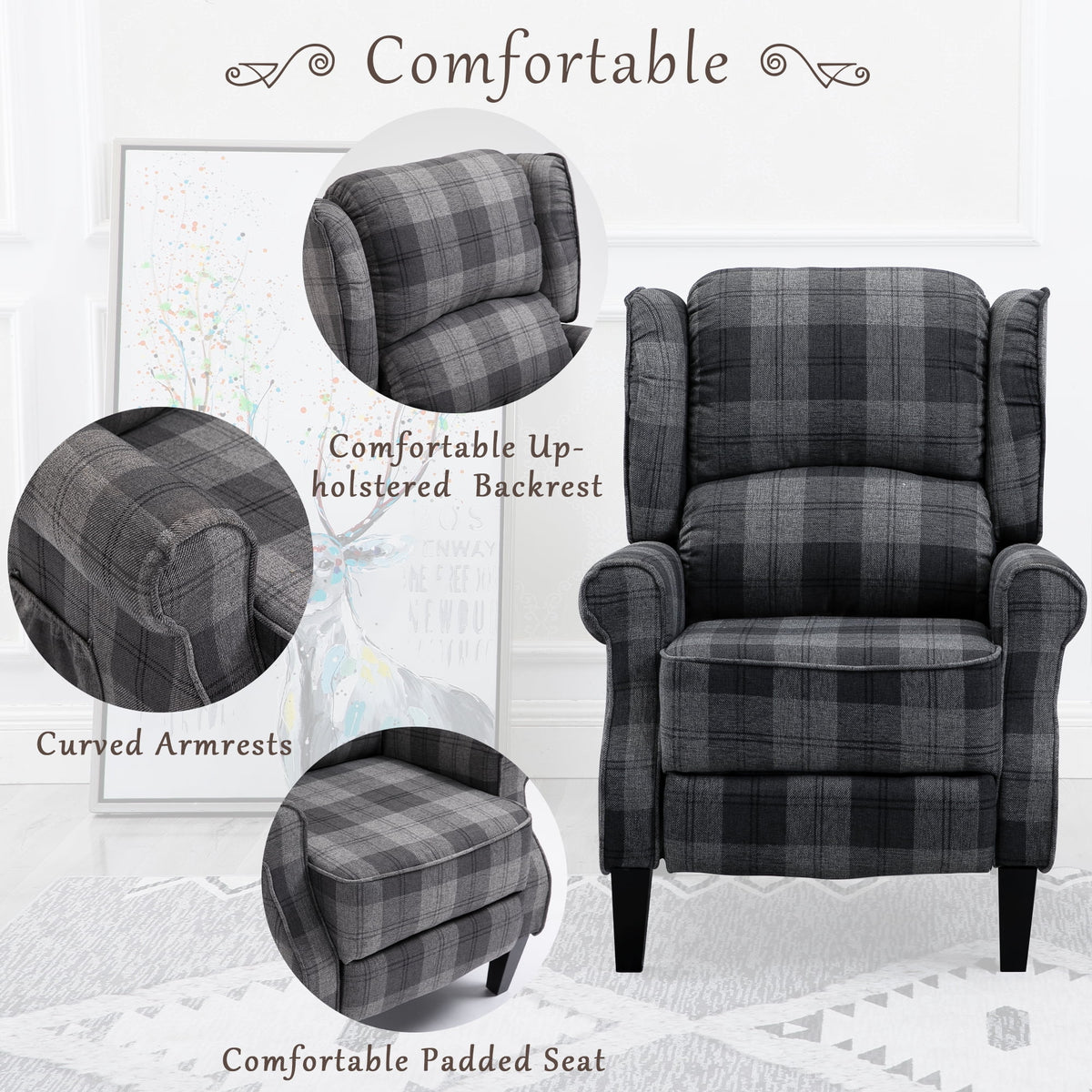 Gray Check Upholstered Recliner Chair with Adjustable Footrest and Side Pocket M47147