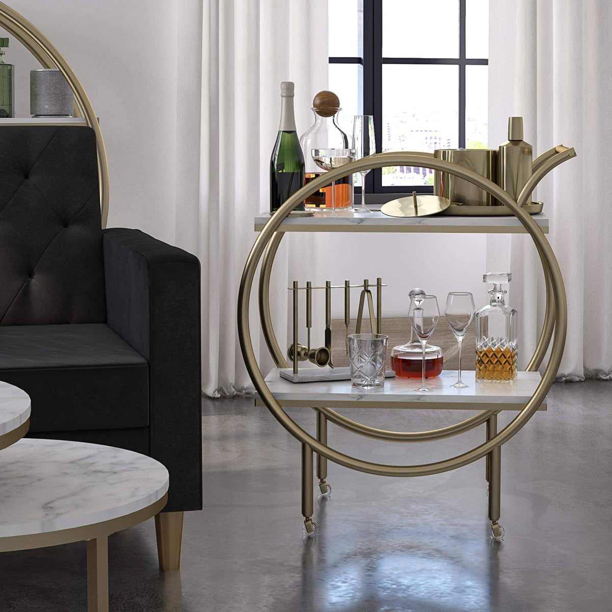 White Marble Round Bar Cart U241766