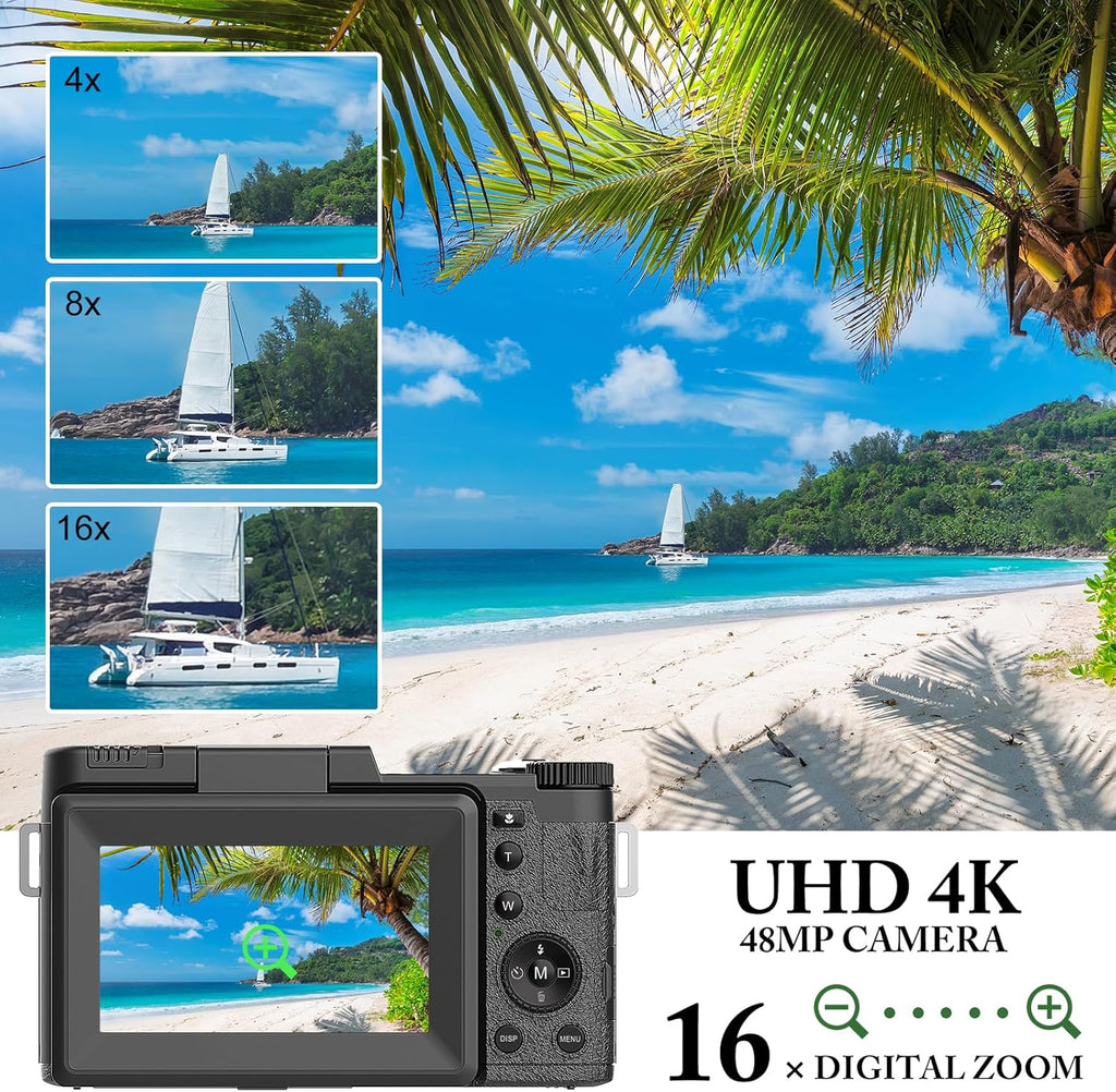 48MP 4K Digital Camera with 16X Digital Zoom Macro Camera, 3’’180°Flip Screen Compact Video Camera with Liftable Flash, SD Card&2 Batteries G3662