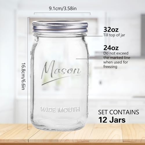 32 oz 12 Pack Wide Mouth Glass Mason Jars with Airtight Lids C9031