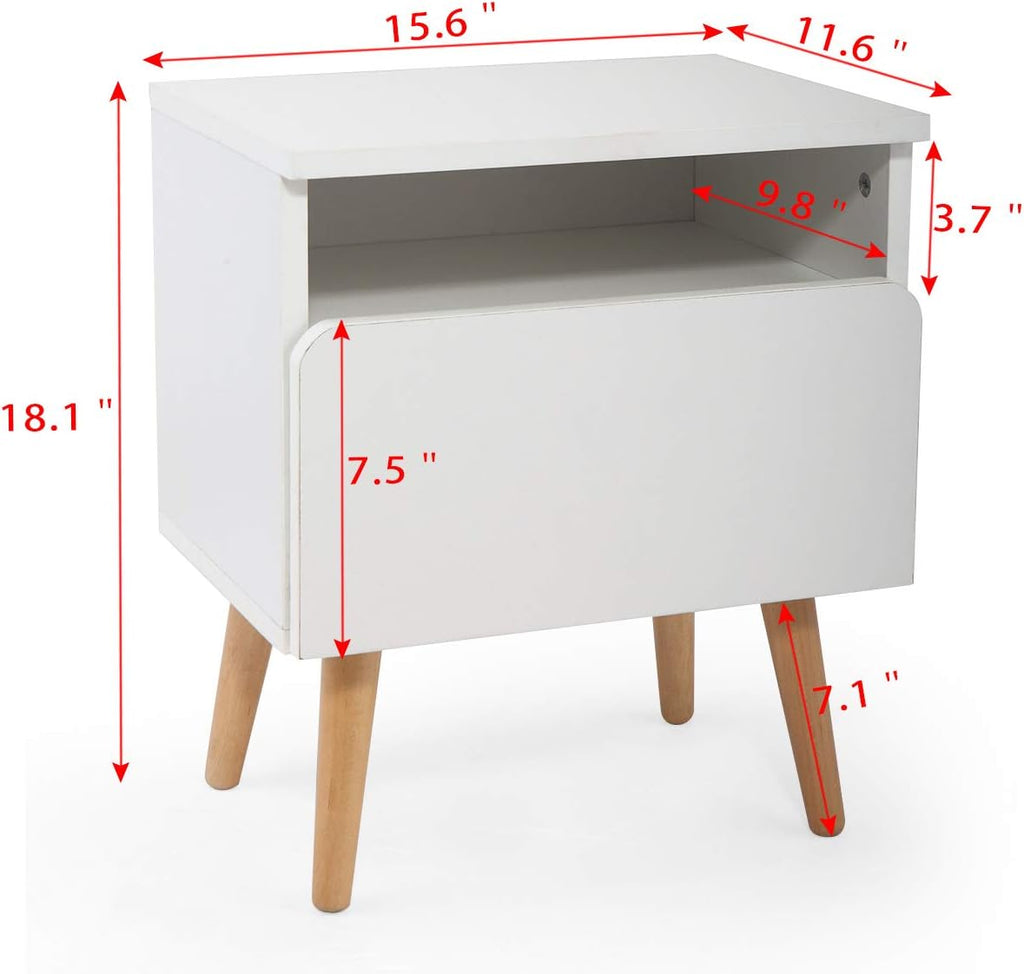 White Solid Wood Nightstand with Drawer and Storage Shelf Y91980