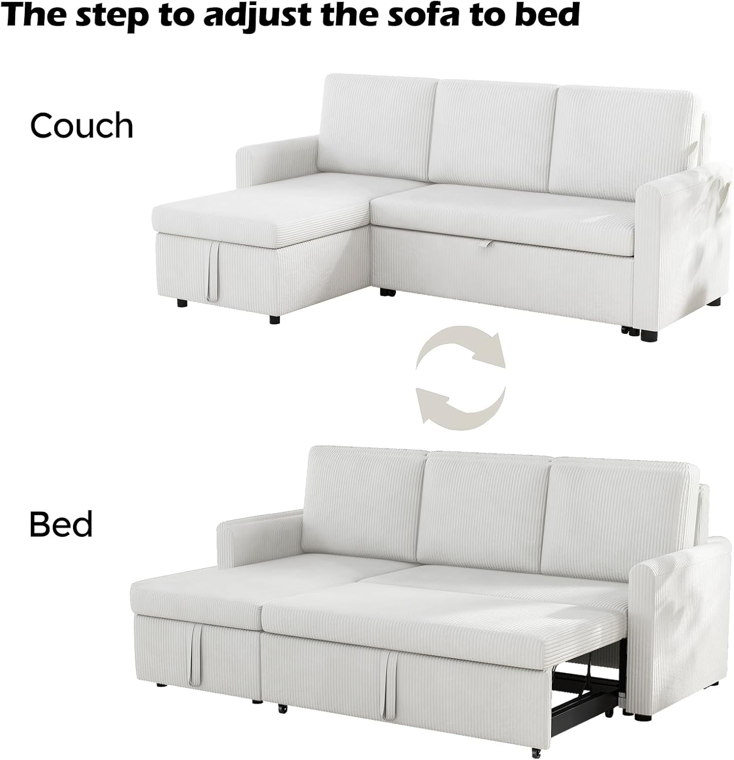Beige Corduroy L-Shaped Sleeper Sofa with Storage Chaise and 2 Pillows I62279