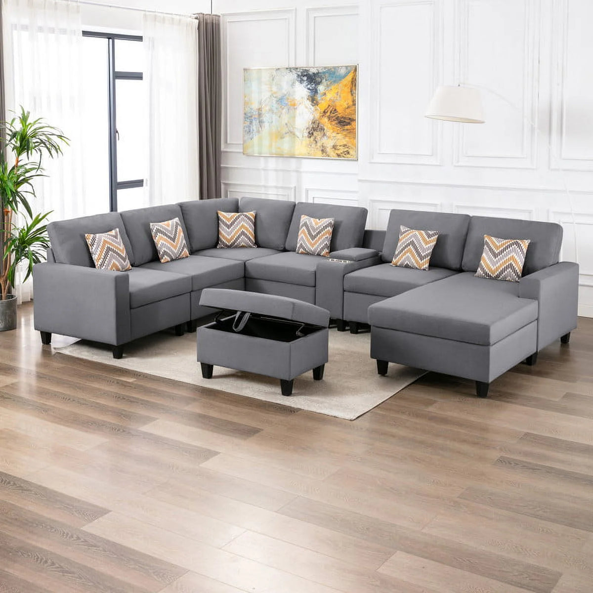 Gray Linen Fabric 8 Pc Reversible Chaise Sectional X722