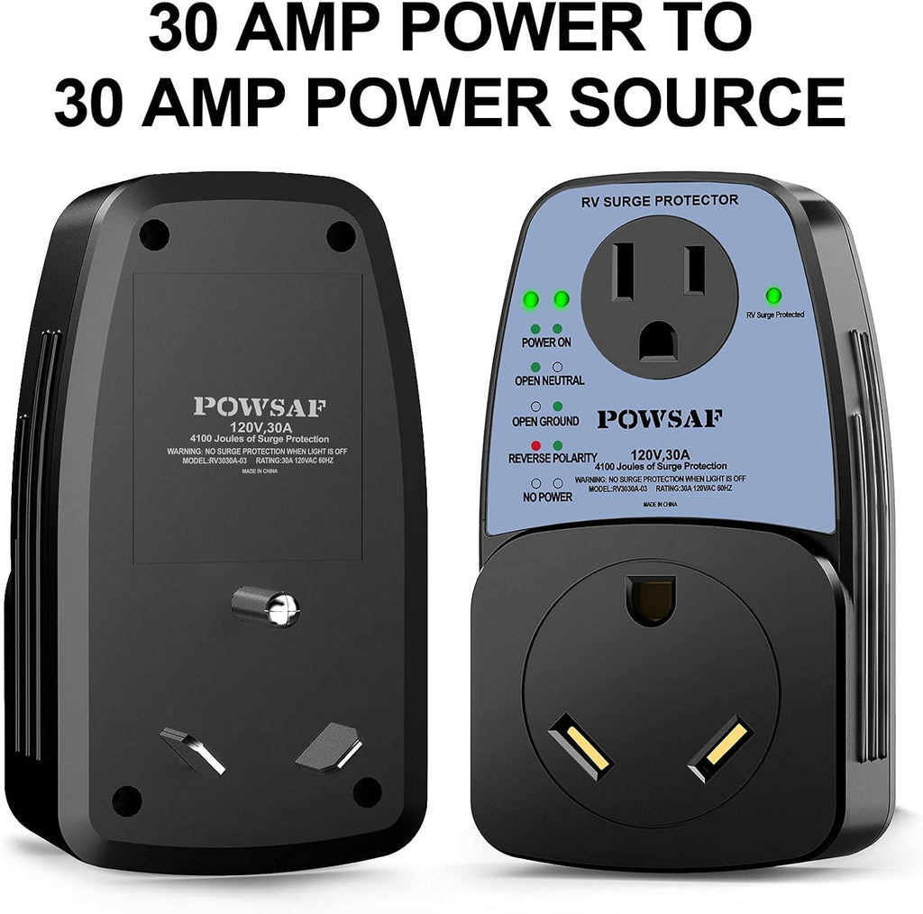 RV Surge Protector, 30 Amp Male to 30 Amp Female and 15 Amp Female I36100