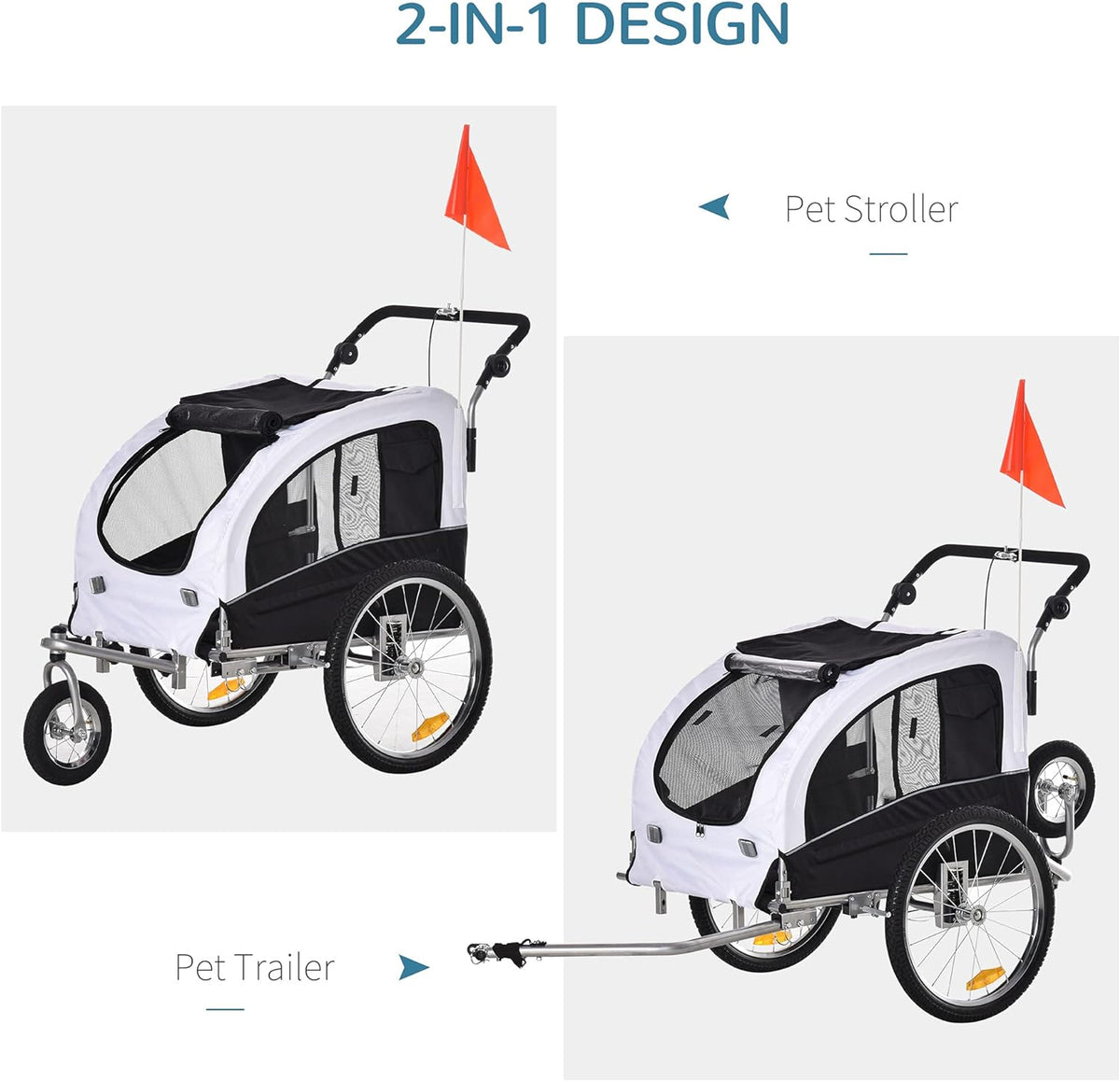 White Dog Bike Trailer Pet Stroller With Canopy And Storage Pockets B154542