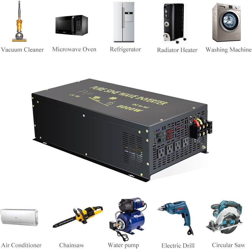 8000W Pure Sine Wave Power Inverter DC 48V to AC 120V with 4 AC Outlets Remote Control LED Display D1171