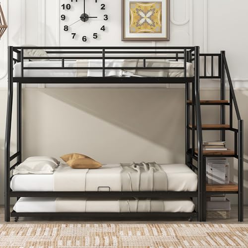 Twin Over Twin Metal Bunk Bed with Drawers (Black) F1989