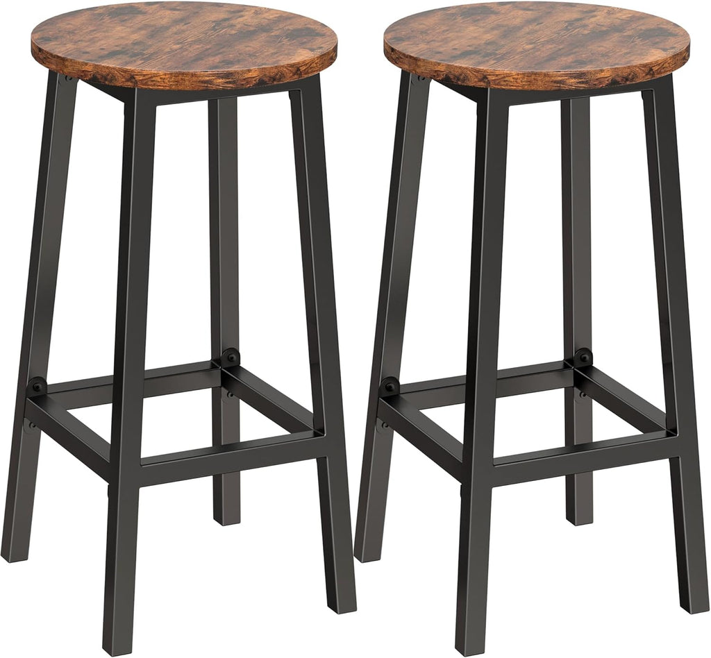 Set of 2 Bar Stools with Footrest, 25.6 Inch Tall, Rustic Brown and Black T3555