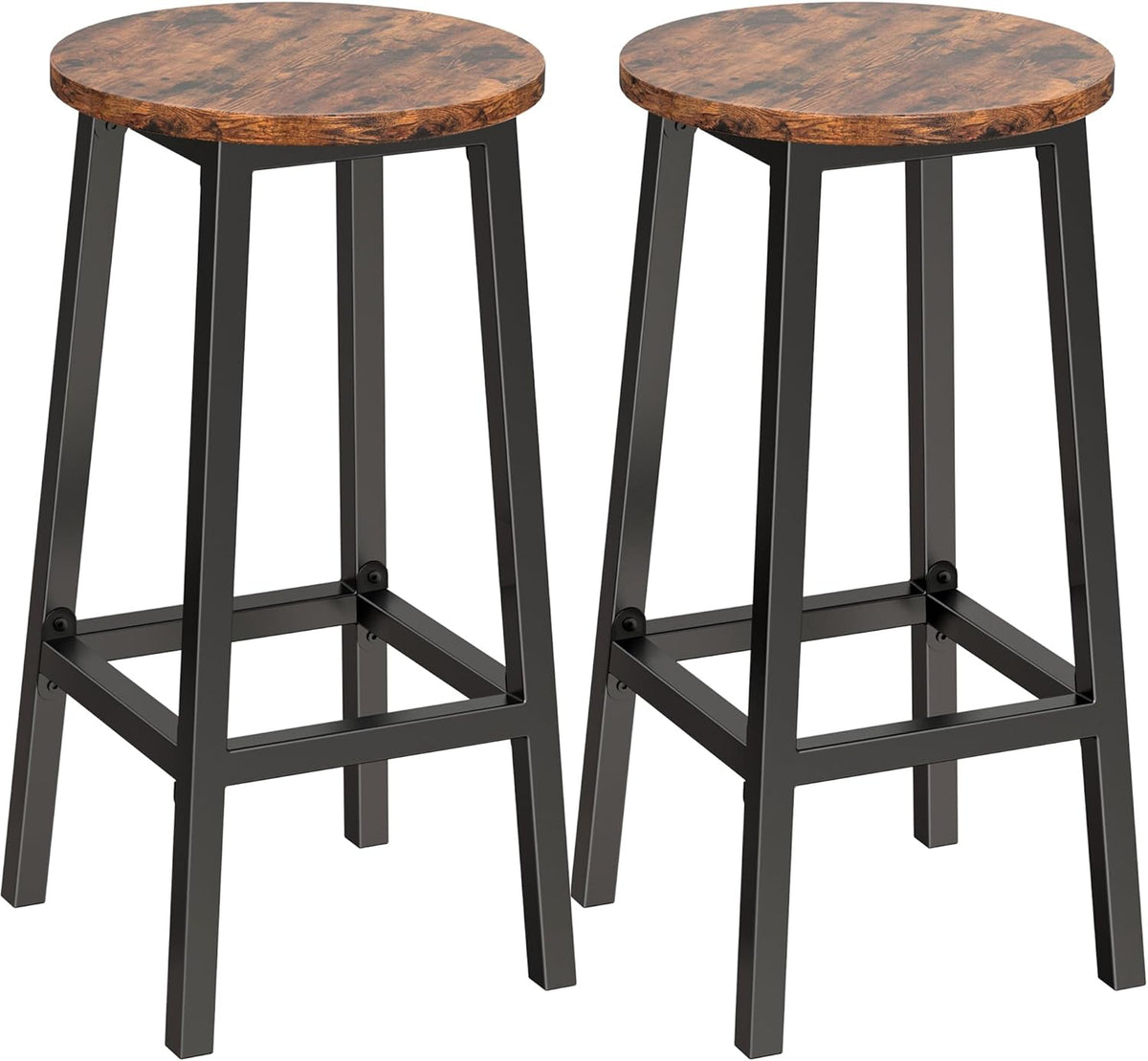 Set of 2 Bar Stools with Footrest, 25.6 Inch Tall, Rustic Brown and Black T3555