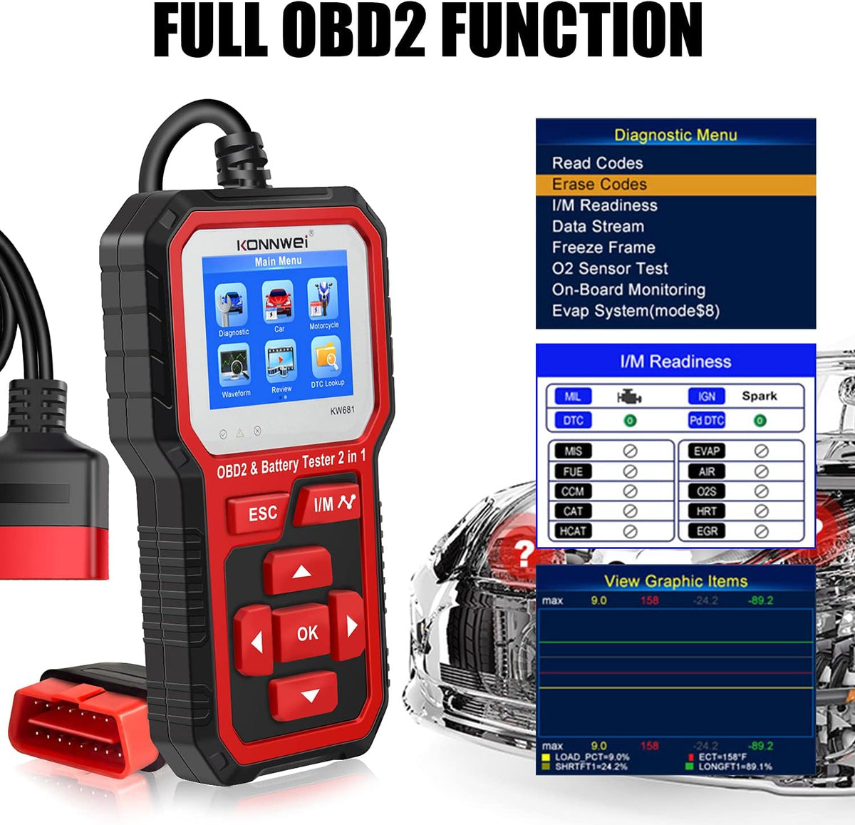 OBD2 Scanner Battery Load Tester 2 in 1 Automotive Diagnostic Scan Tool Pack of 2 F9558