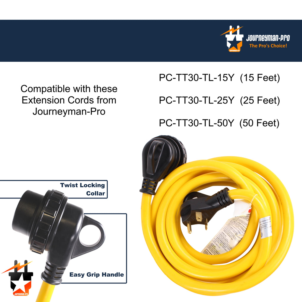 30A RV Power Extension Cord, Black Grip Handle, 15 Feet O3367