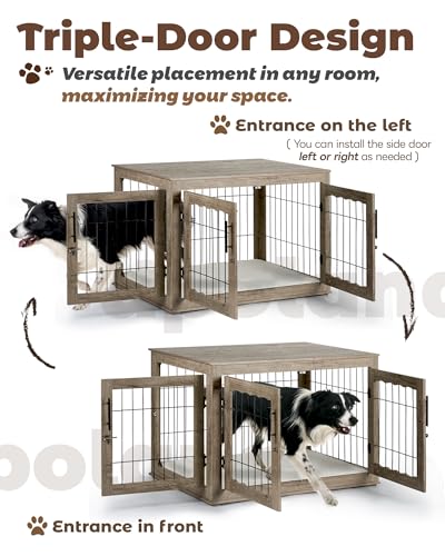 Greige Wooden Dog Crate with Bed Mat E104453
