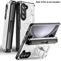 White Rugged Full Body Case with Built-in Glass Screen Protector Hinge Protection Hidden Kickstand Pen Slot Shockproof Armor Case P152015