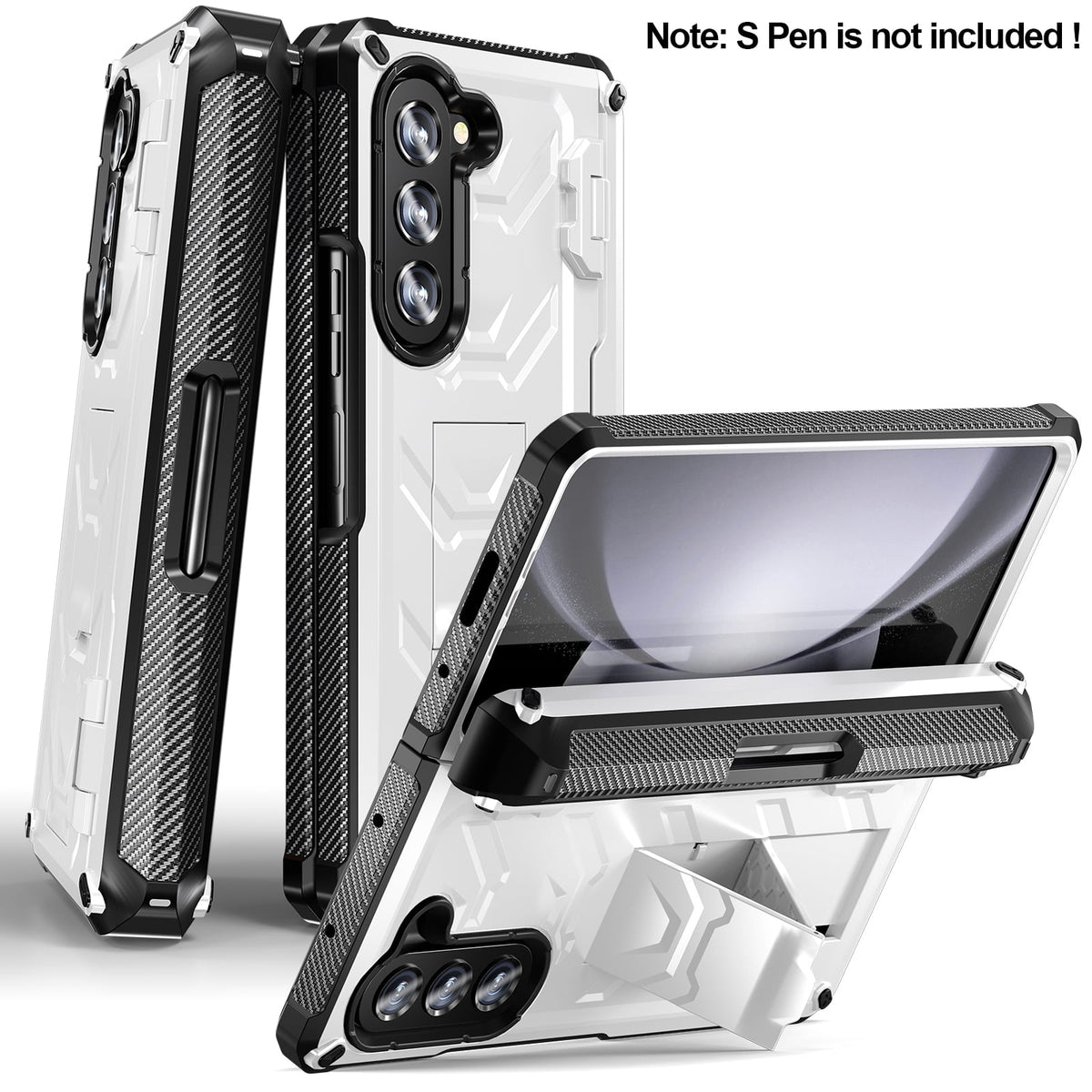 White Rugged Full Body Case with Built-in Glass Screen Protector Hinge Protection Hidden Kickstand Pen Slot Shockproof Armor Case P152015