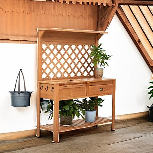 Outsunny Garden Potting Bench, Outdoor Wooden Workstation Table with Metal Screen, Drawer, Hooks, Storage Shelf, and Lattice Back L4437