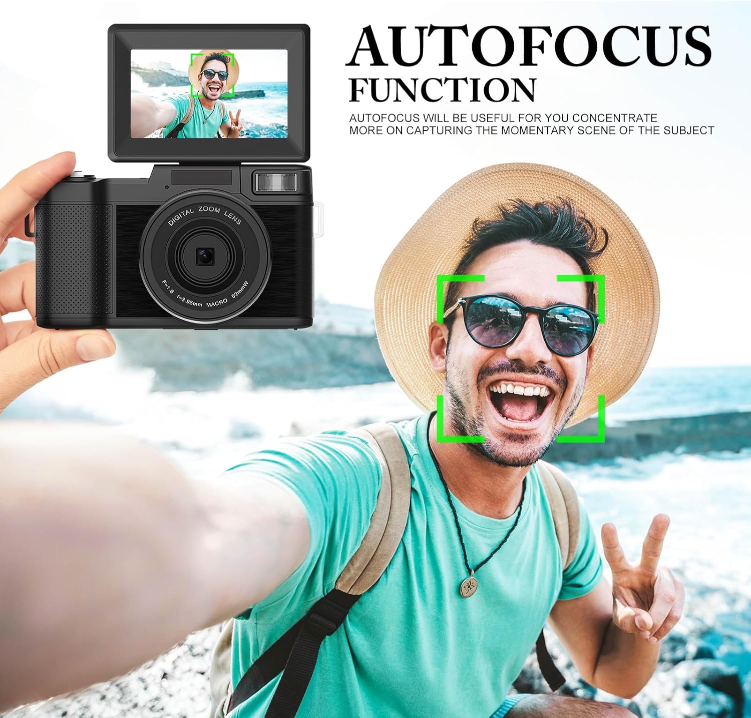 48MP 4K Digital Camera with 16X Digital Zoom Macro Camera, 3’’180°Flip Screen Compact Video Camera with Liftable Flash, SD Card&2 Batteries G3662