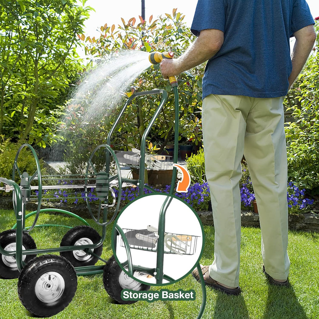 Garden Hose Reel Cart 4 Wheels with Storage Basket, Holds 390FT Hose B600