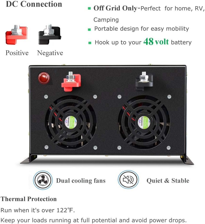 8000W Pure Sine Wave Power Inverter DC 48V to AC 120V with 4 AC Outlets Remote Control LED Display D1171