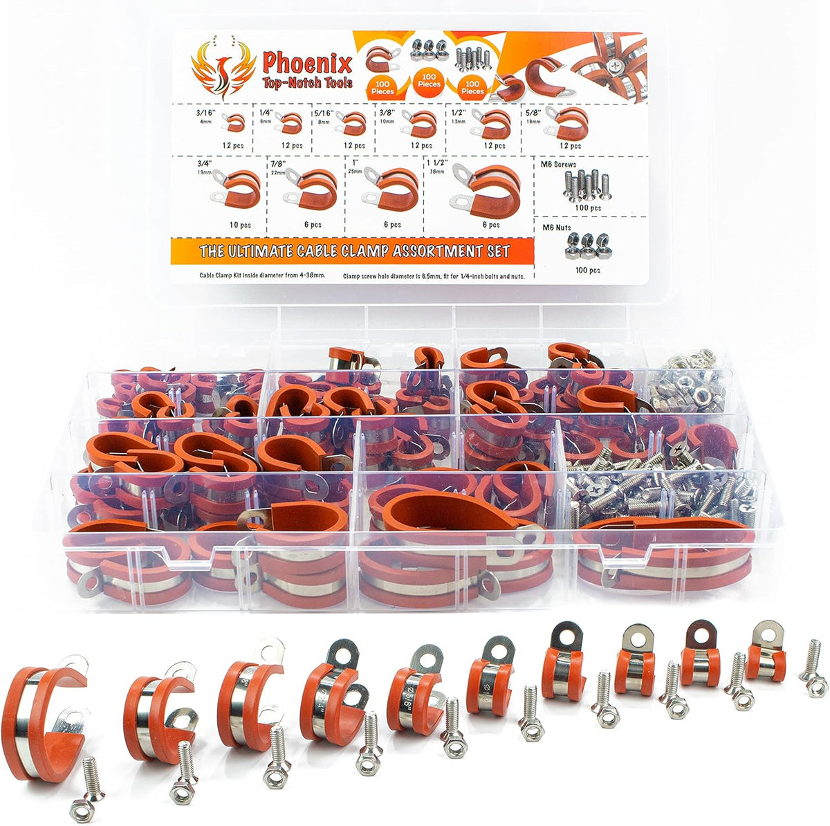 100pcs 304 Stainless Steel Rubber Insulated Cable Clamps and Hose Clamp 10 Sizes L586078
