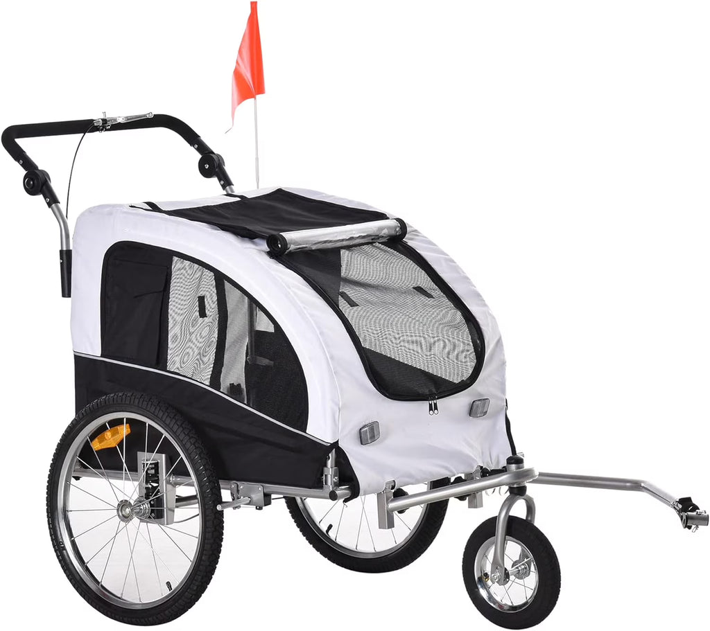 White Dog Bike Trailer Pet Stroller With Canopy And Storage Pockets B154542